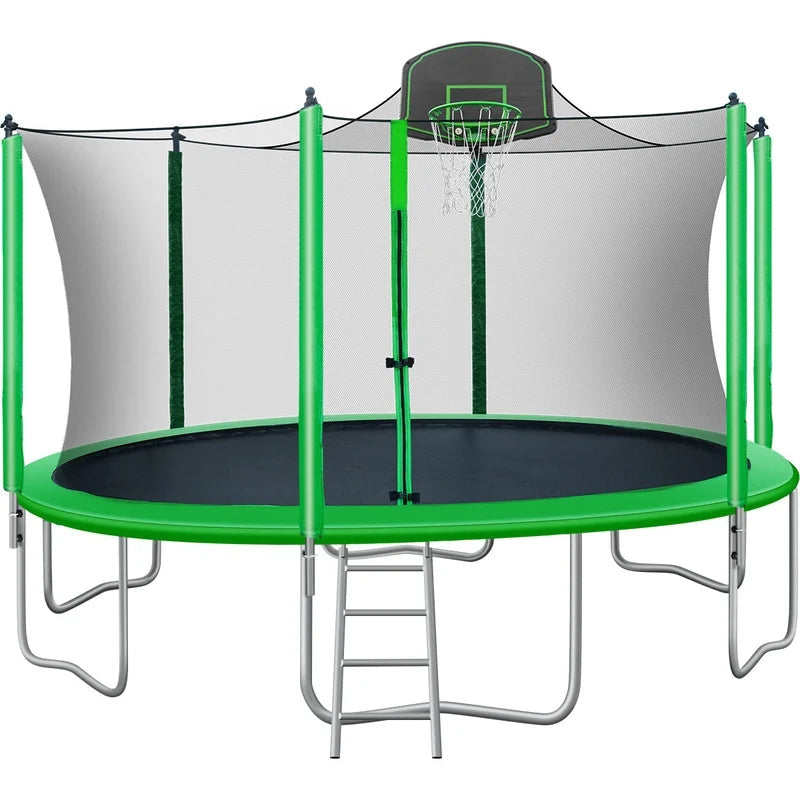 14ft Trampoline For Kids With Safety Enclosure Net, Basketball Hoop And Ladder, Green