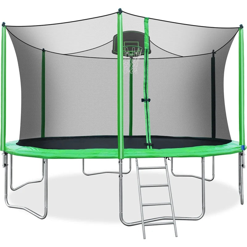 14ft Trampoline For Kids With Safety Enclosure Net, Basketball Hoop And Ladder, Green