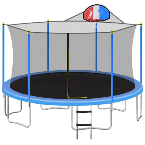 15Ft Trampoline For Kids With Safety Net, Basketball Hoop, Blue