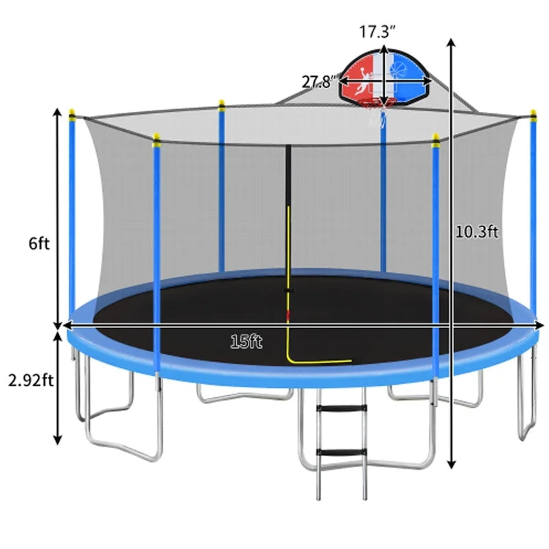 15Ft Trampoline For Kids With Safety Net, Basketball Hoop, Blue