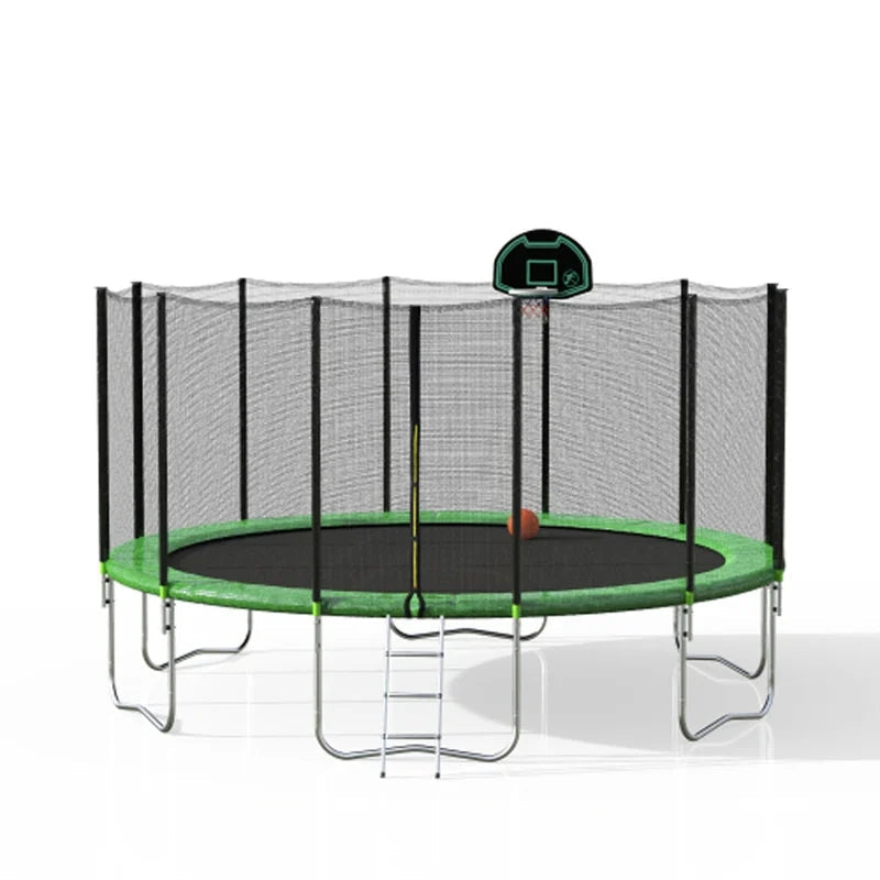 16FT Round Trampoline With Safety Enclosure Net &?Ladder, Basketball Hoop, Green