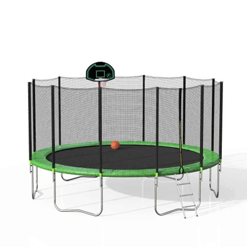 16FT Round Trampoline With Safety Enclosure Net &?Ladder, Basketball Hoop, Green