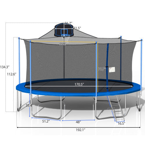 16ft Trampoline with Seine and Basketball Hoop, Blue