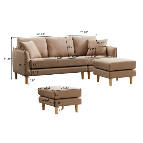 3 Seater Corner Sofa Set L Shape Couch, Brown