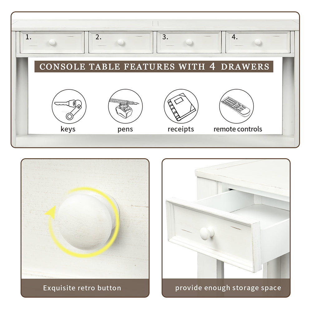 Console Table with Storage Drawers and Bottom Shelf ( Antique White)