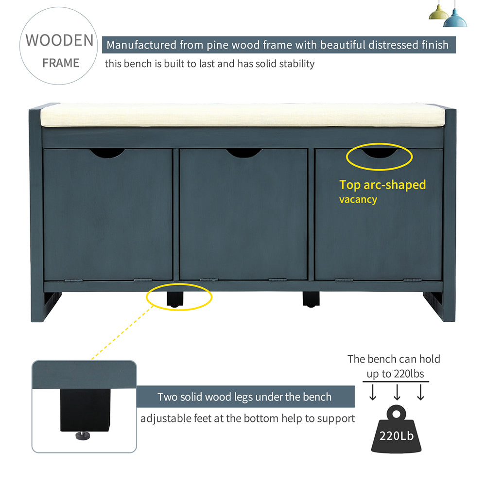 Storage Bench with 3 Flip Lock Storage Cubbies