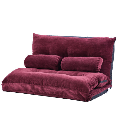 Adjustable Folding Lazy Futon Sofa with Two Pillows, Burgundy