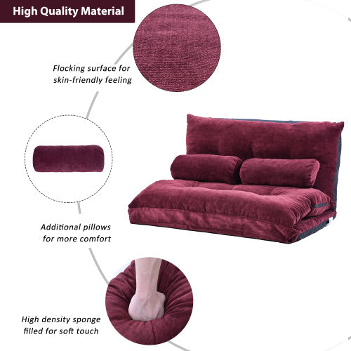 Adjustable Folding Lazy Futon Sofa with Two Pillows, Burgundy