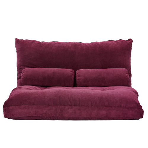 Adjustable Folding Lazy Futon Sofa with Two Pillows, Burgundy