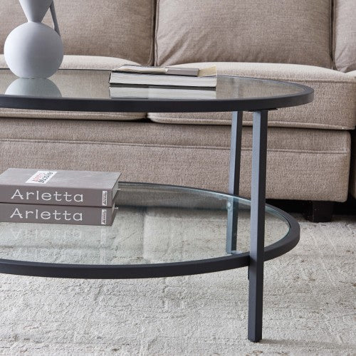 Round Glass Coffee Table with Large Storage Space, Black