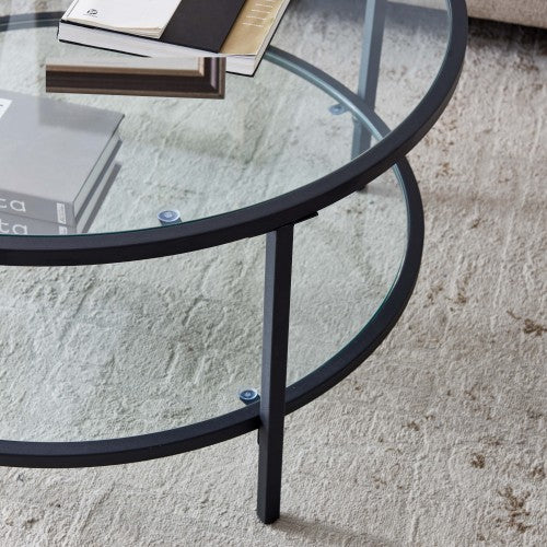 Round Glass Coffee Table with Large Storage Space, Black