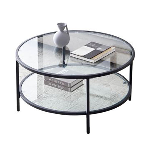 Round Glass Coffee Table with Large Storage Space, Black