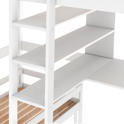 Convertible Loft Twin Bunk Bed with L-Shape Desk, White