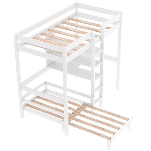 Convertible Loft Twin Bunk Bed with L-Shape Desk, White