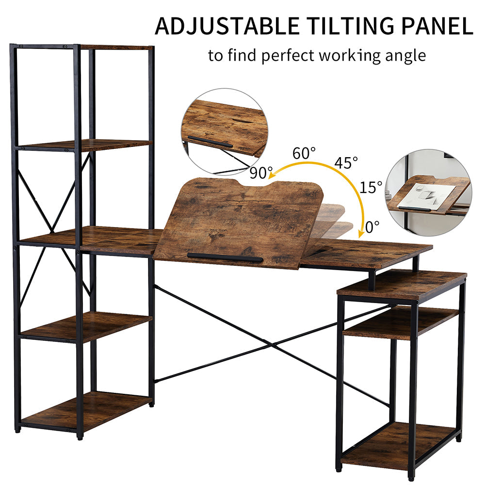 Computer Desk with 5-Tier Bookshelf and 2 Open Shelves