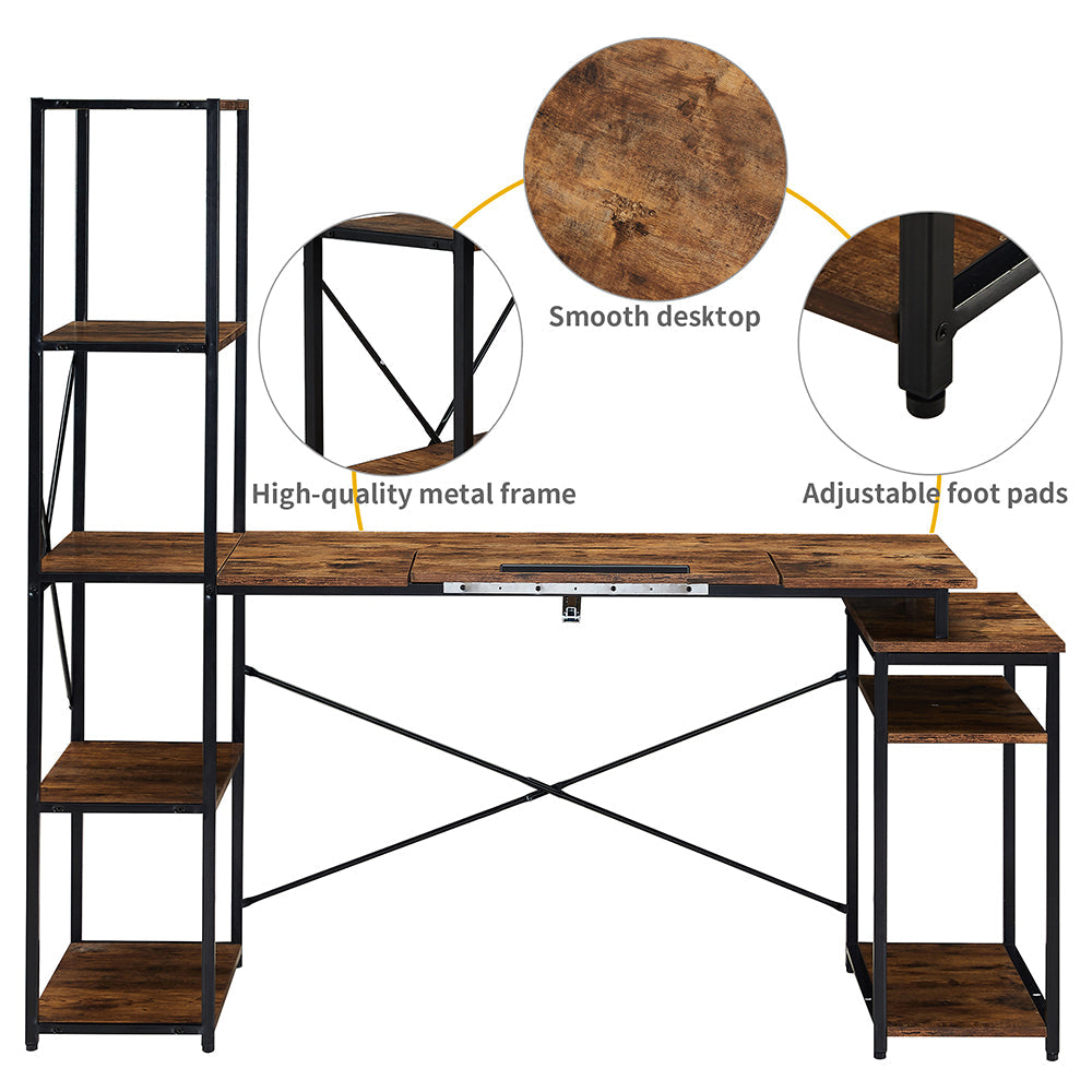 Computer Desk with 5-Tier Bookshelf and 2 Open Shelves