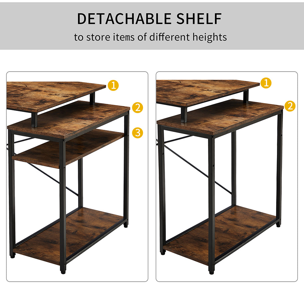 Computer Desk with 5-Tier Bookshelf and 2 Open Shelves, Brown