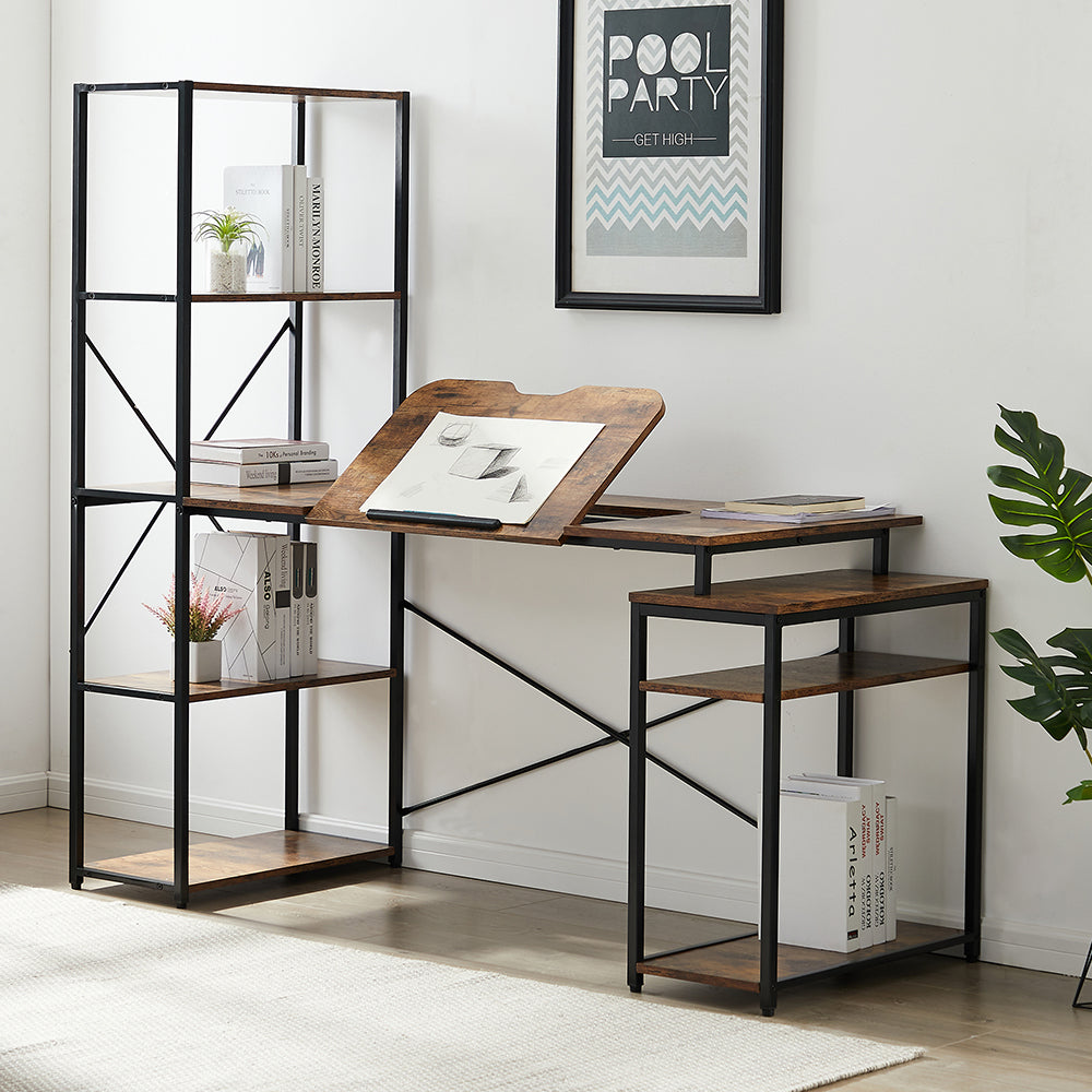 Computer Desk with 5-Tier Bookshelf and 2 Open Shelves