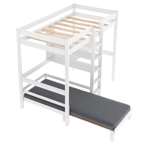 Convertible Loft Twin Bunk Bed with L-Shape Desk, White