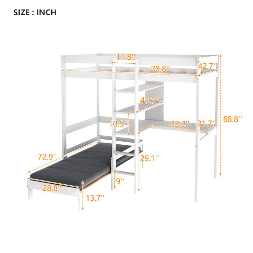 Convertible Loft Twin Bunk Bed with L-Shape Desk, White