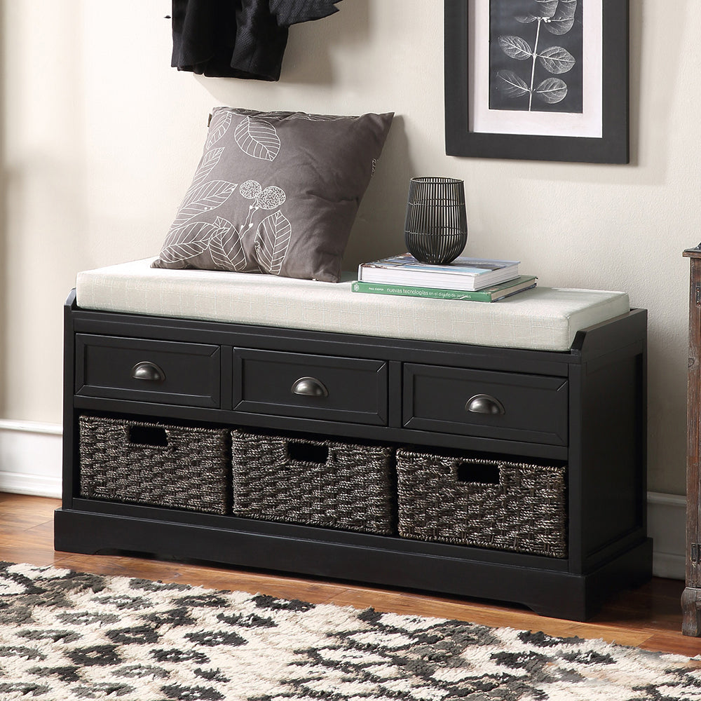 Wooden Storage Bench with 3 Drawers and 3 Baskets