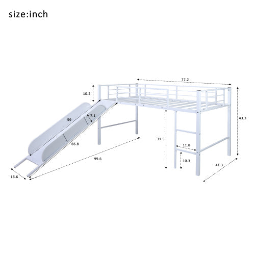 Twin Metal Low Loft Bunk Bed with Slide, White