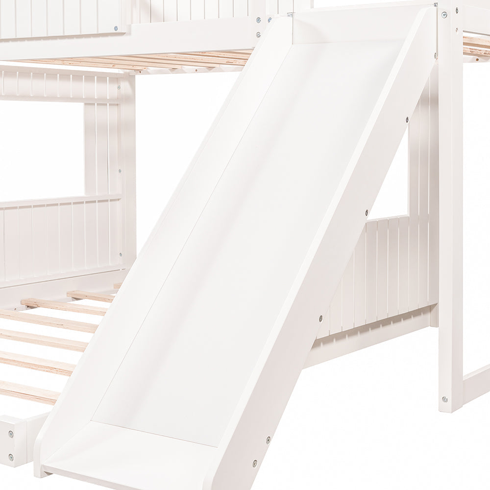 Twin Over Full Loft Bunk Bed with Playhouse, Ladder and Slide, White