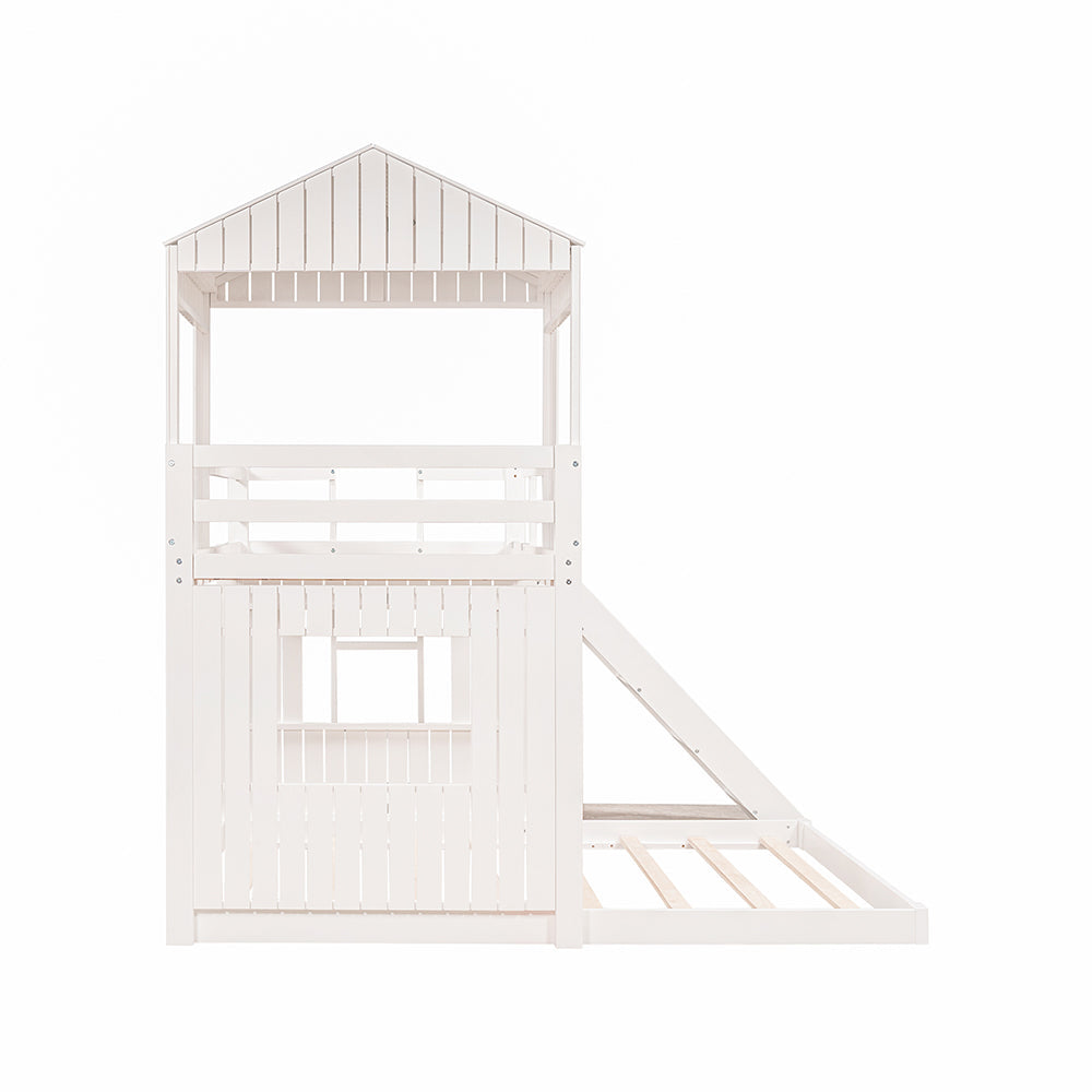 Twin Over Full Loft Bunk Bed with Playhouse, Ladder and Slide, White