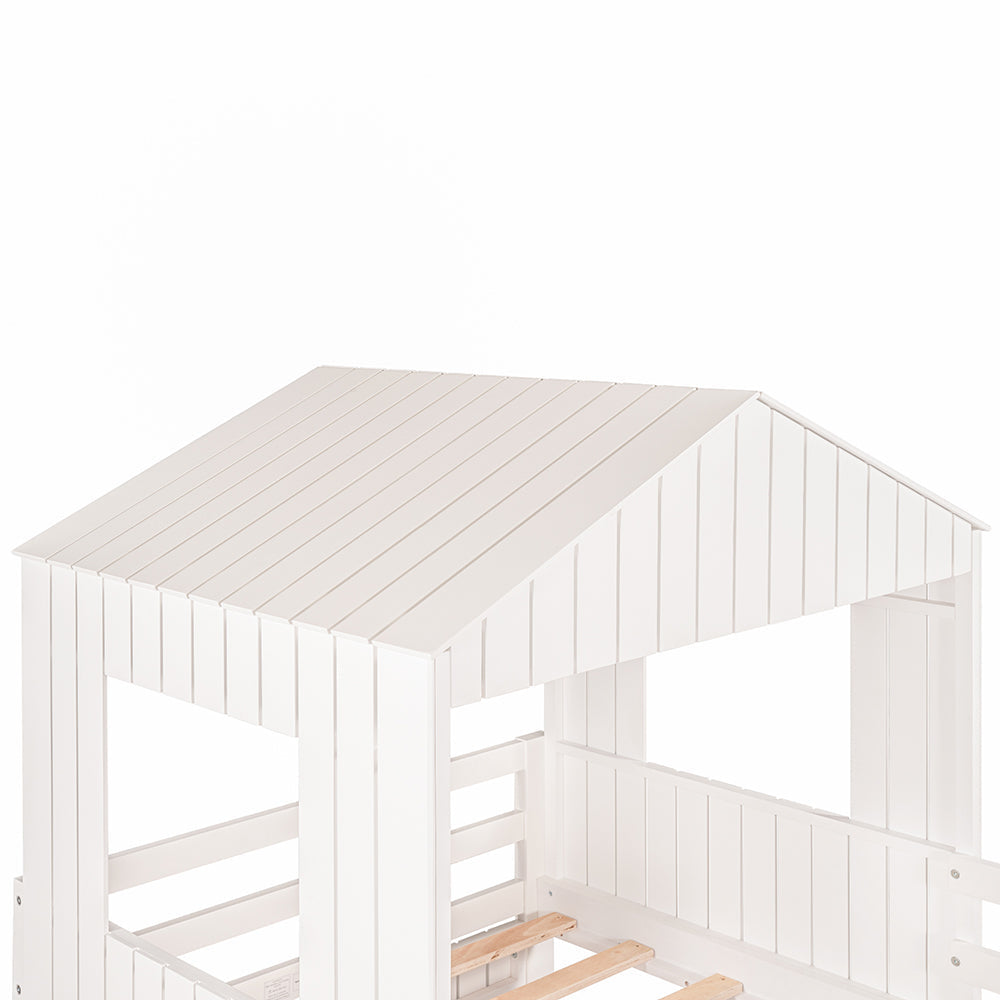 Twin Over Full Loft Bunk Bed with Playhouse, Ladder and Slide, White