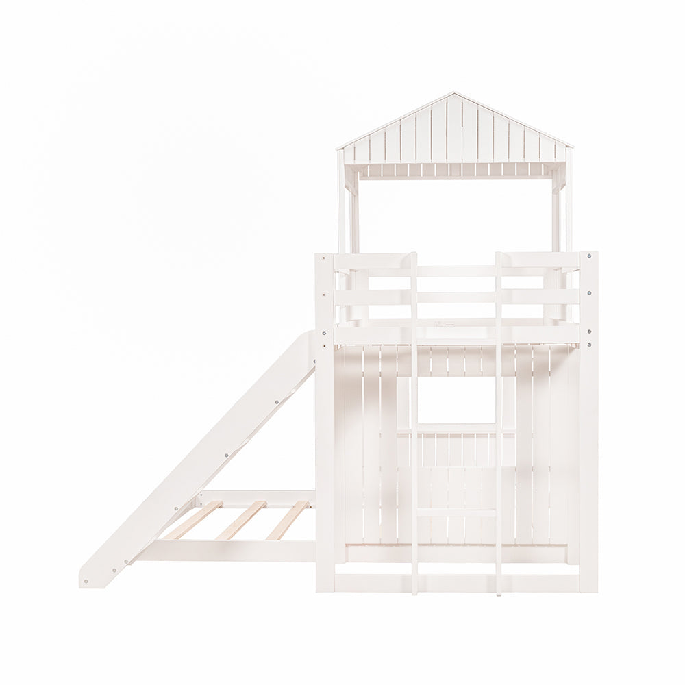 Twin Over Full Loft Bunk Bed with Playhouse, Ladder and Slide, White