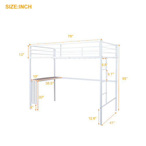 Twin Metal Loft Bunk Bed with Desk, Ladder and Guardrails, White