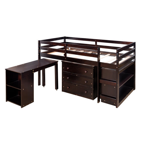 Twin Loft Bunk Bed with Cabinet and Rolling Desk, Espresso