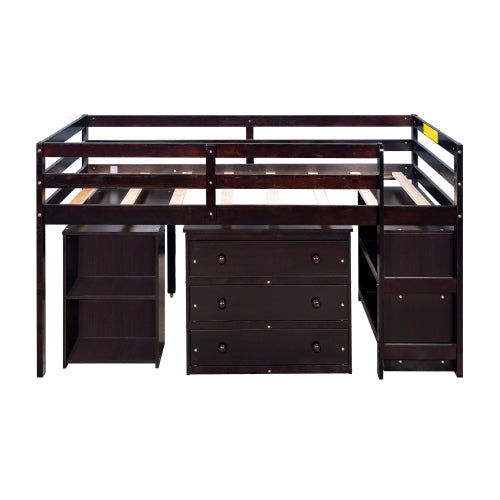 Twin Loft Bunk Bed with Cabinet and Rolling Desk, Espresso