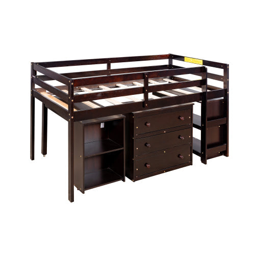 Twin Loft Bunk Bed with Cabinet and Rolling Desk, Espresso