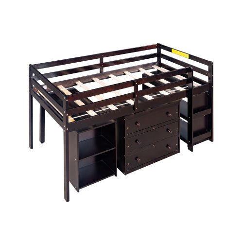 Twin Loft Bunk Bed with Cabinet and Rolling Desk, Espresso