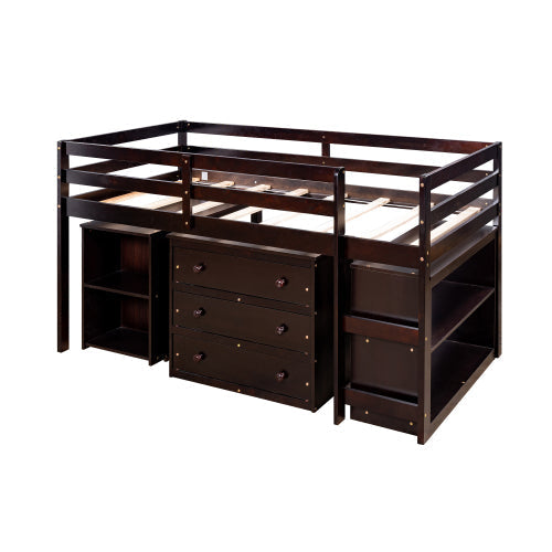 Twin Loft Bunk Bed with Cabinet and Rolling Desk, Espresso