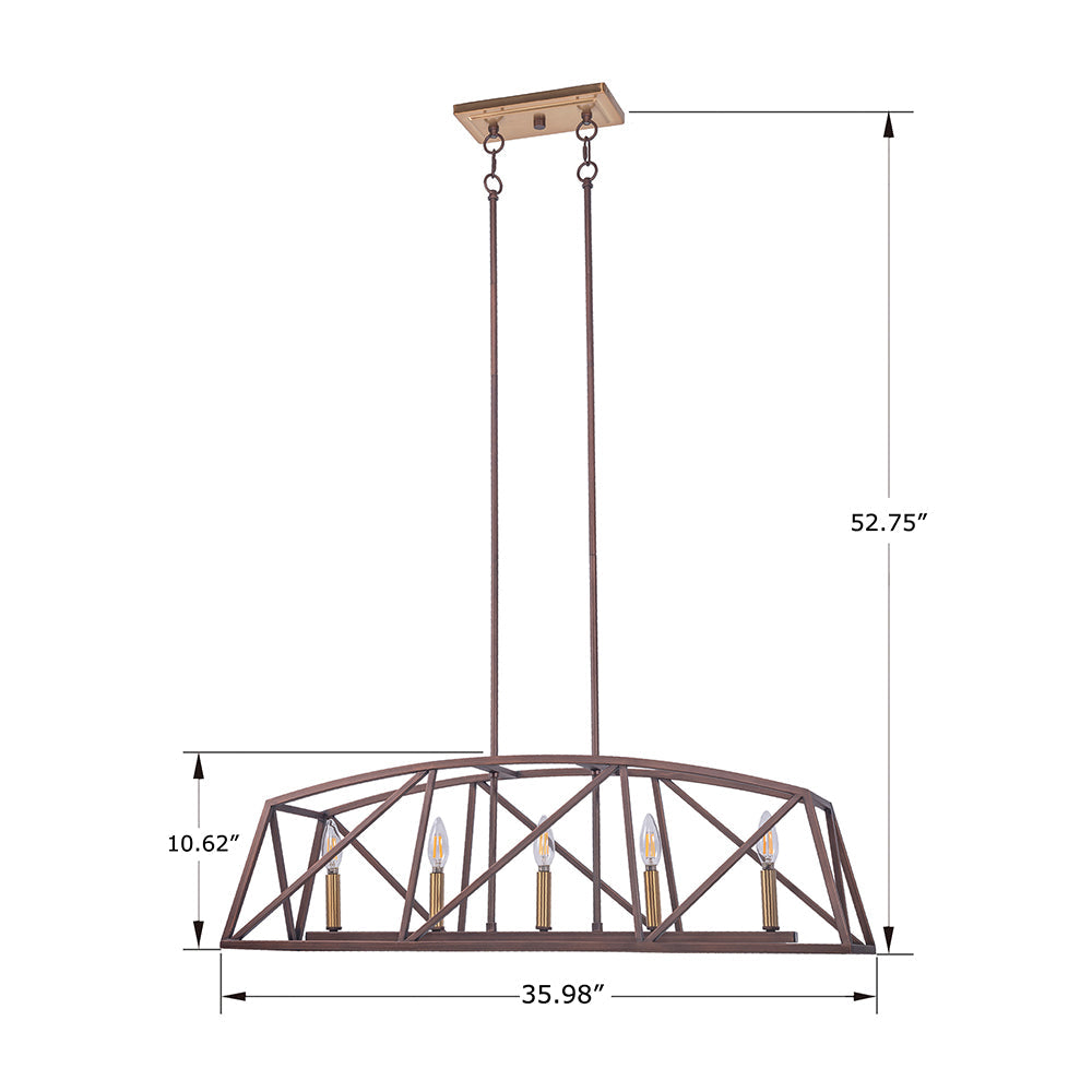 5-Light Architectural Bronze and Soft Matte Brass Kitchen Island Linear Pendant