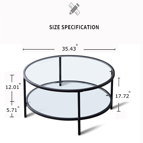 Round Glass Coffee Table with Large Storage Space, Black