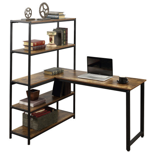 Home Office Two Person Computer Desk with Shelves, Brown