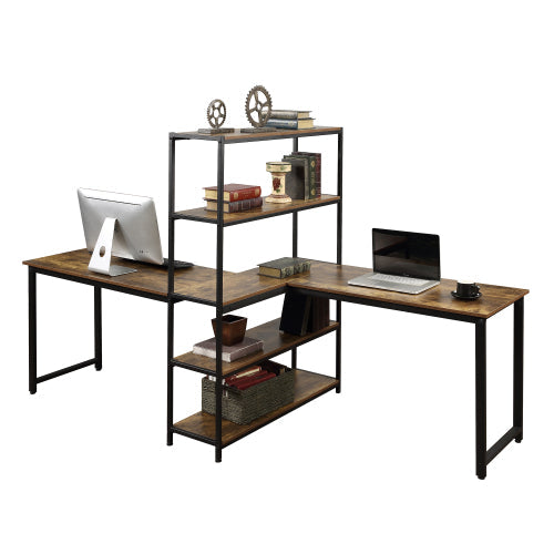 Home Office Two Person Computer Desk with Shelves, Brown