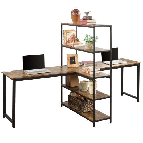 Home Office Two Person Computer Desk with Shelves, Brown