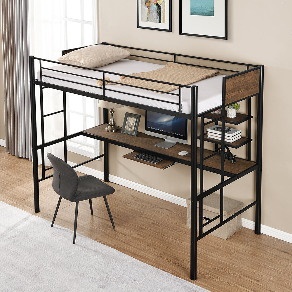 Twin Size Loft Bed with Desk and Shelf