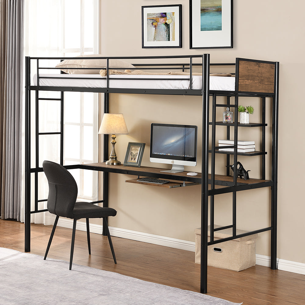 Twin Size Loft Bed with Desk and Shelf