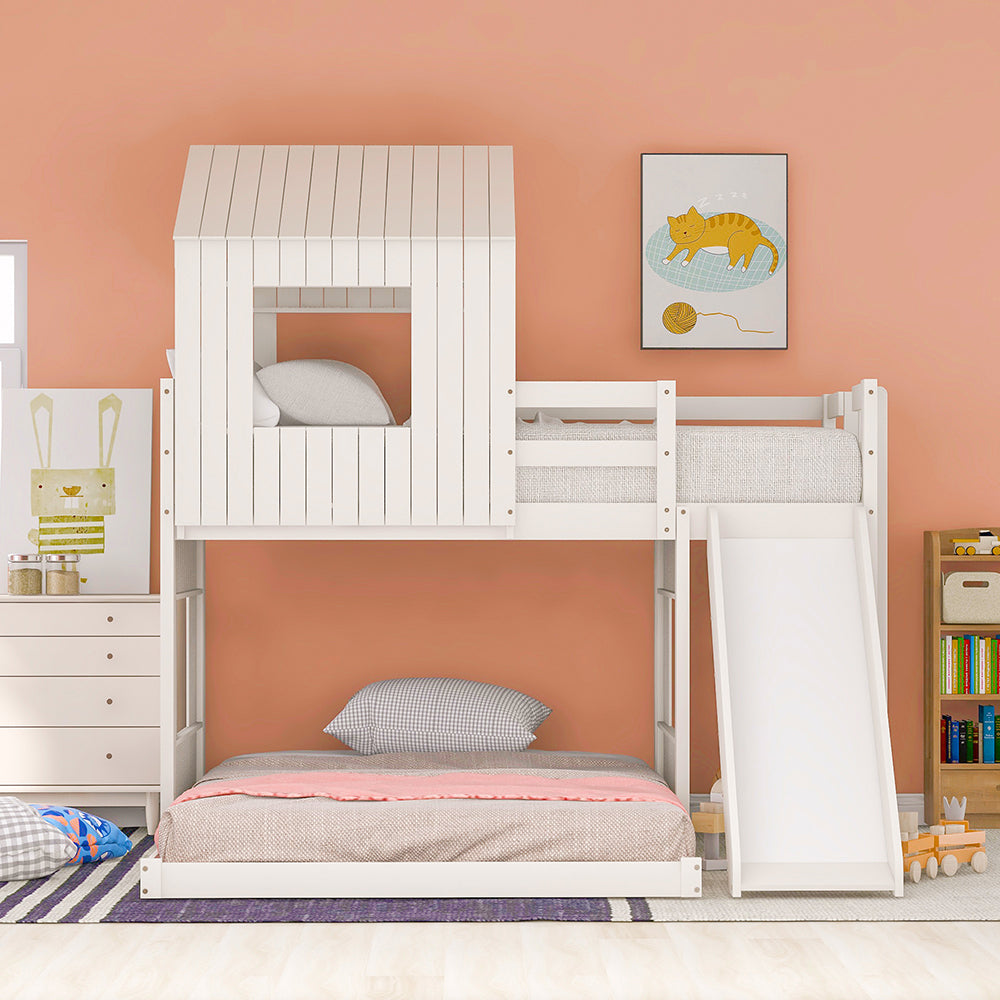 Twin Over Full Loft Bunk Bed with Playhouse, Ladder and Slide, White