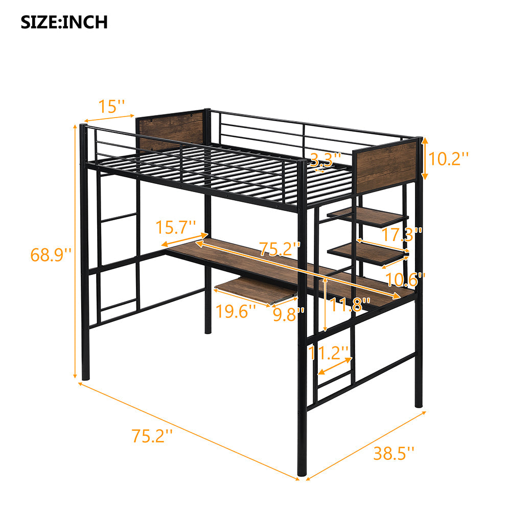 Twin Size Loft Bed with Desk and Shelf