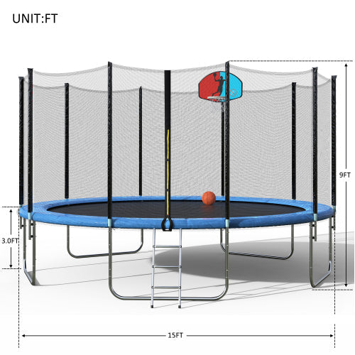 15 FT Round Trampoline with Safety Net, Basketball Hoop