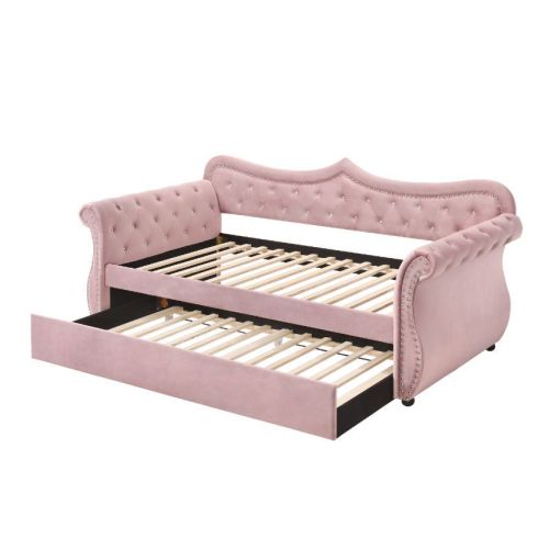 Traditional Style Velvet Daybed with Trundle, Pink