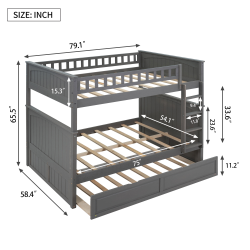 Full Over Full Bunk Bed with Trundle, Brushed Gray