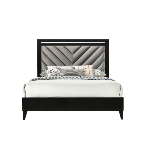 Modern Queen Bed, Gray Fabric & Black Finish