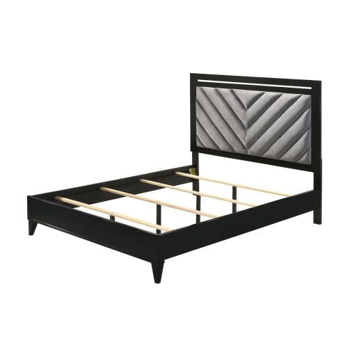 Modern Queen Bed, Gray Fabric & Black Finish